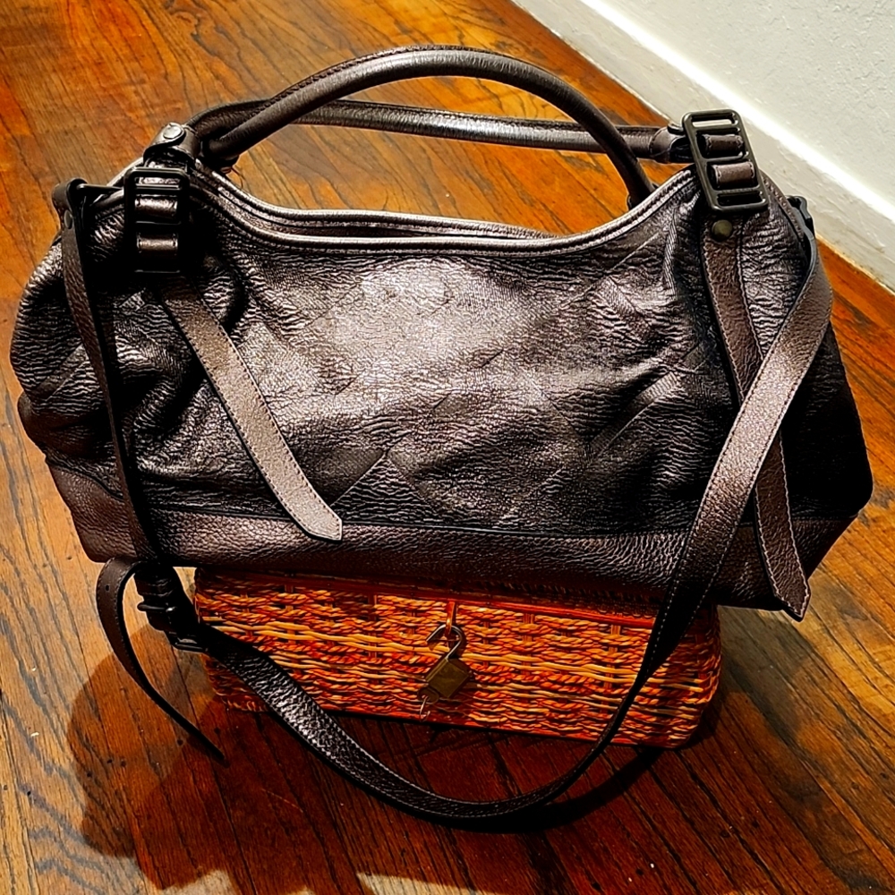 Burberry Gray Metallic Leather Shimmer Check Satchel
